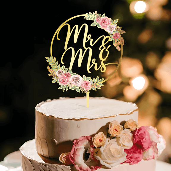 Mr & Mrs Cake Topper Gold Acrylic Wedding Cake Topper Floral Cake Decoration
