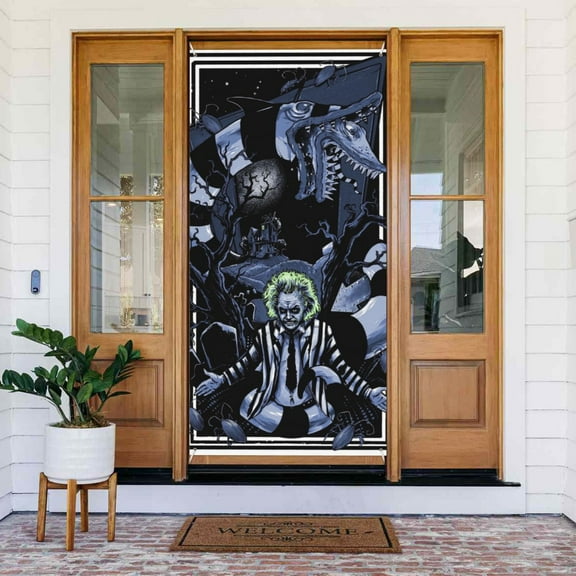 Beetlejuice Door Cover Decorated Banner Background Decorative Tapestry Holiday Party Photography (35.4″ X 72.8″)