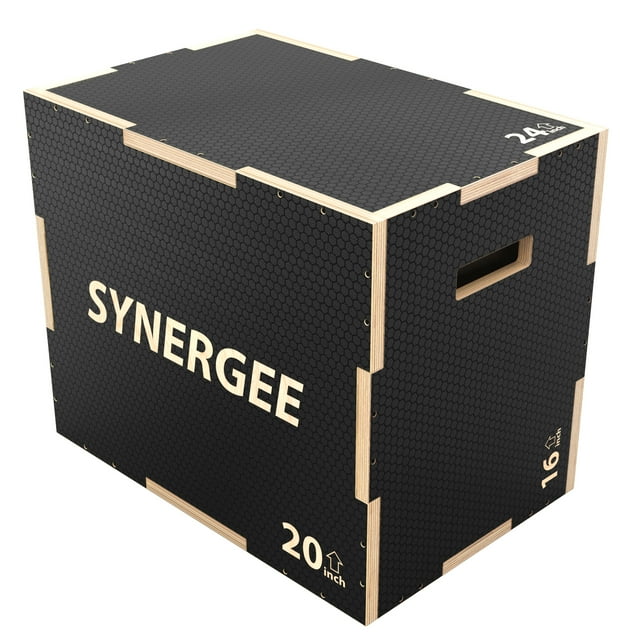 Synergee 3 in 1 Non-Slip Wood Plyometric Box for Jump Training and Conditioning. Wooden Plyo Box All In One Jump Trainer. Size - 24/20/16