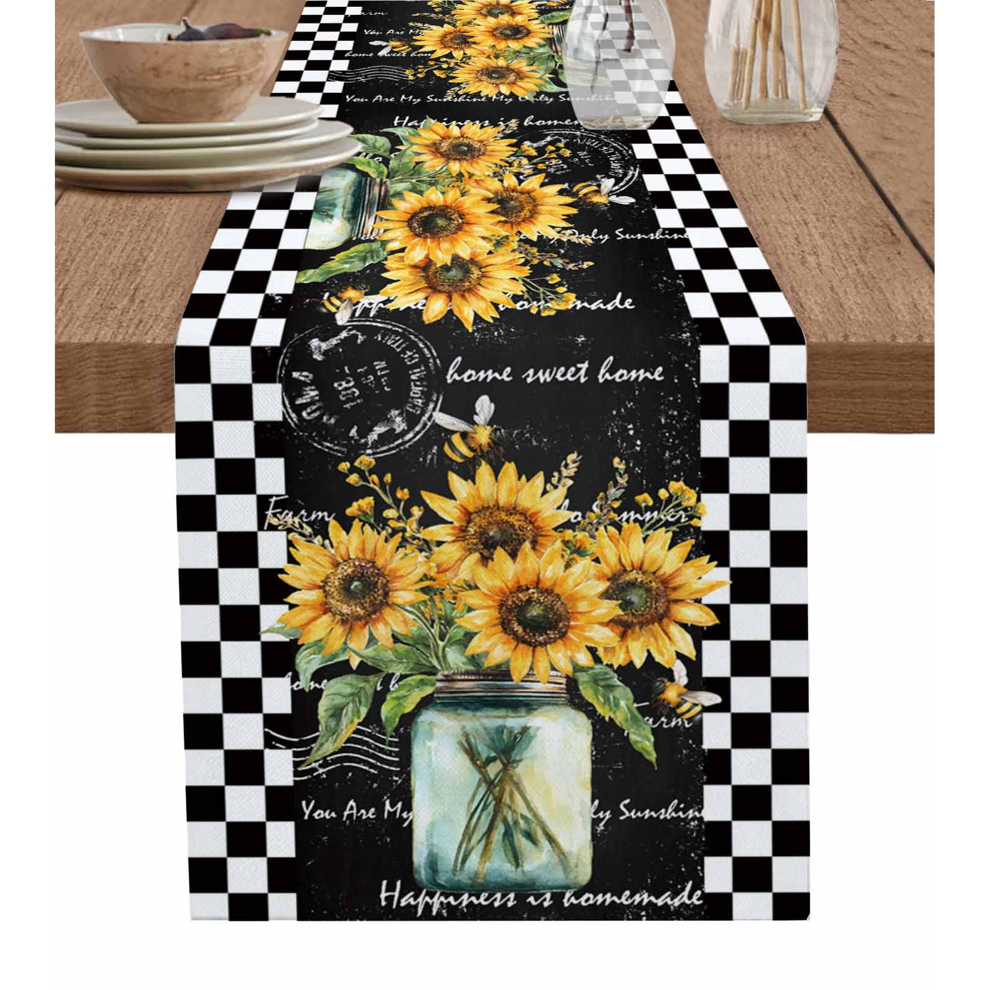 Hokiten Table Runners 108 Inches Long Dress Scarves Sunflower Vintage Farmhouse Coffee/Dining/Kitchen Table Runner for Living Room Farmhouse Floral Black Checkered 13x108 Inch
