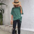 thumbnail image 3 of Women Summer Top Knotted Hem Back Pleated Midline Keyhole Back Half Sleeves Round Neck Summer Shirt Top Bean Green S, 3 of 8