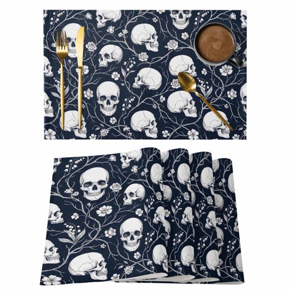 Abstract Skull Placemats Set of 12, Romantic Navy Blue White Vines Flowers Skeletal Non-Slip Place Mats Washable Table Mats for Kitchen Dining Table Decorations Indoor/Outdoor