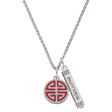Delight Jewelry Silvertone Red Chinese Blessing Silvertone Mother Daughter Bar Charm Necklace, 23"