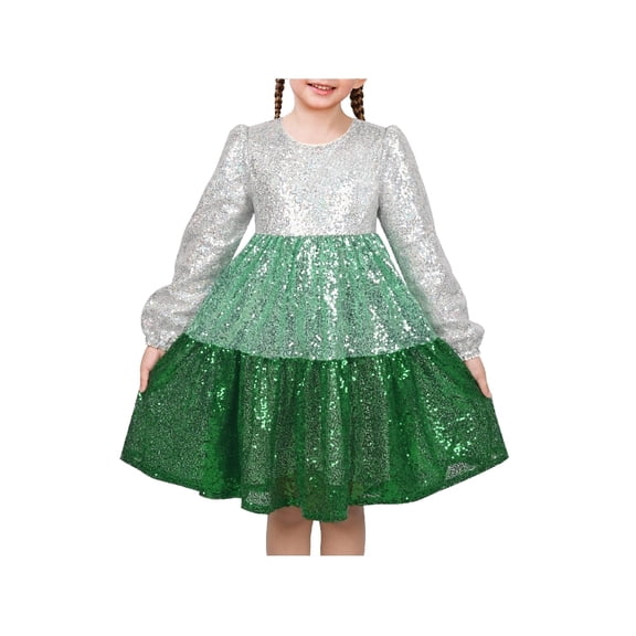 Sunny Fashion Girls Dress Silver Green Gradient Sequin Long Sleeve Tiered Festive Christmas Winter 8 Years
