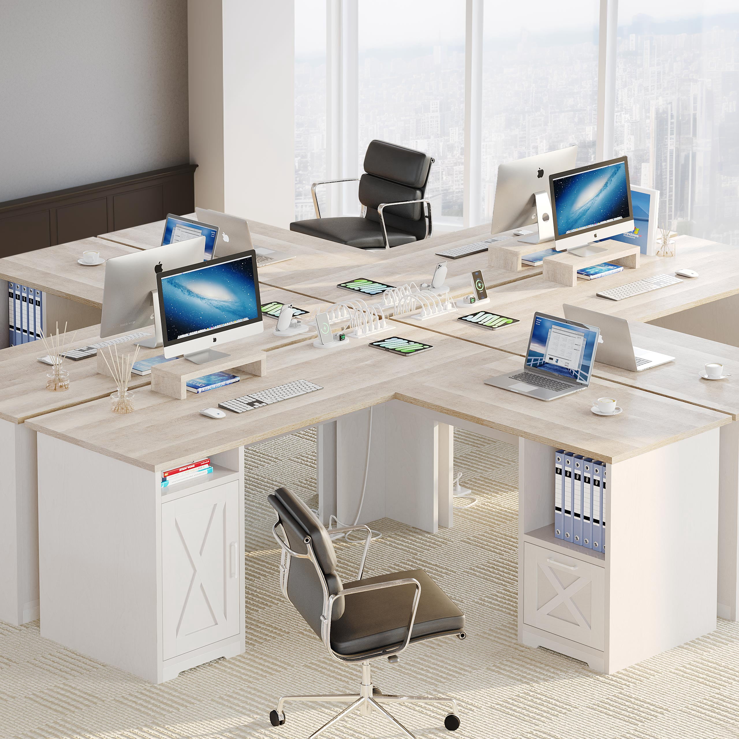 Dextrus 59 inch L-Shaped Desk with Power Outlet & USB Ports, Office Desk with File Cabinets, Large Computer Desk with Drawers, 2 Person Corner Desk Writing Desk with Storage Shelves, Oak & White