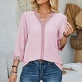 thumbnail image 6 of WREESH V-Neck Lace Crochet Blouse Women's Dressy Casual 3/4 Sleeve Tunic Top in Solid Colors Pink, 6 of 6