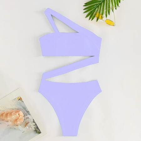 Rigardu Hot Sale!! Women s One Shoulder One Piece Swimsuit Tummy Control Bathing Suits Modest Cutout Swimwear Women s New Solid Color Hollow Tube Top Straps Slanted Shoulder Bikini Purple M