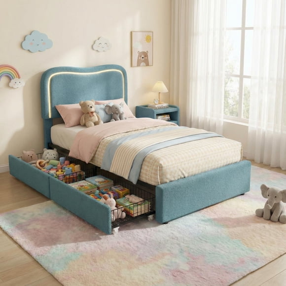 Yeshouse Estructura de cama Boucle con 2 cajones, plataforma tapizada con cabecero LED y listones de madera maciza. No necesita somier. Ideal para niños y adolescentes