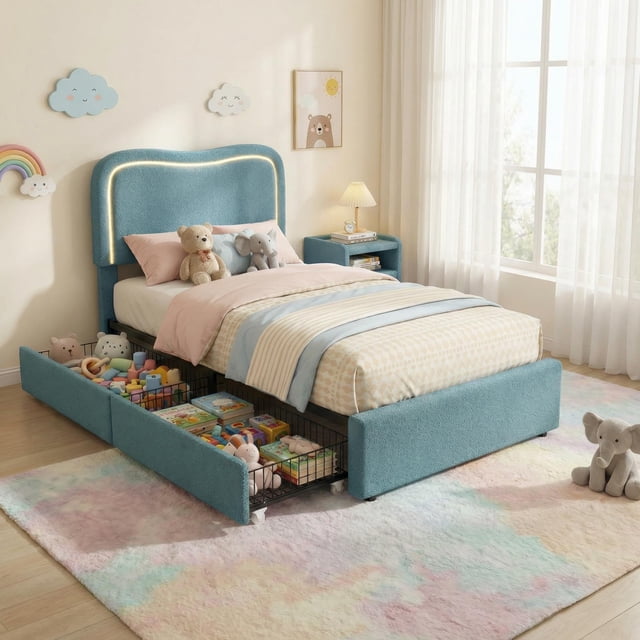 Yiwa Upholstered Boucle Platform Bed, LED Headboard Frame with 2 Storage Drawers and Wood Slats, No Box Spring Needed