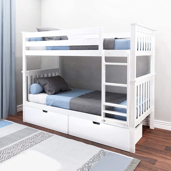 BEDSMART Solid Wood Twin Over Twin Bunk Bed With Storage | White