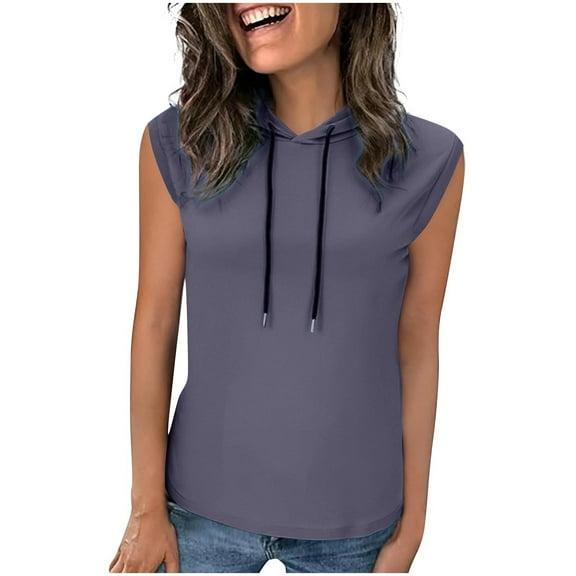 Ohufall Women's Tank Tops Fashion Casual Solid Color Drawstring Sleeveless Hooded Blouses Summer Lightweight Workout Sleeveless Tops