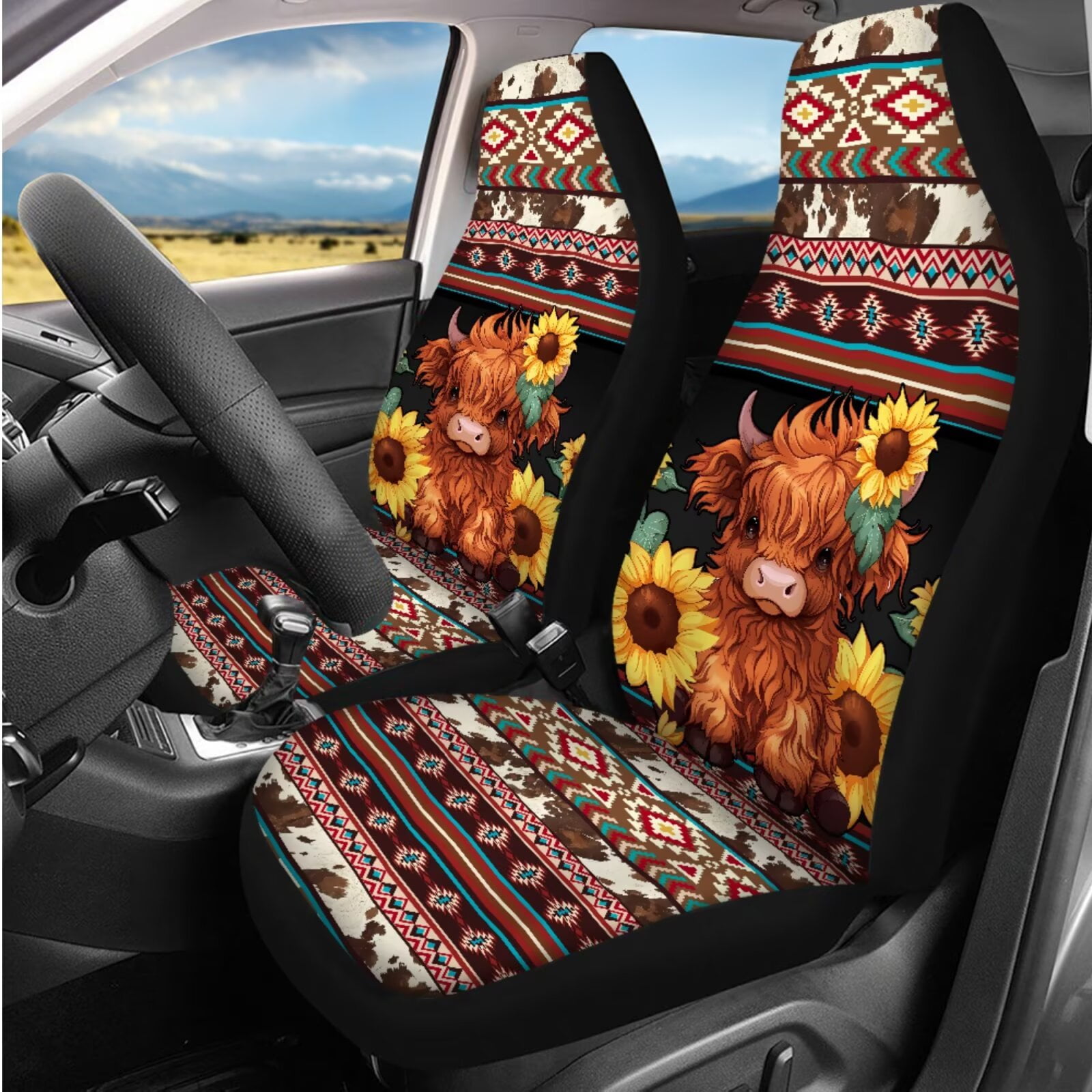 HUIACONG Aztec Highland Cow Sunflower Car Accessories Seat Covers Full Set with Steering Wheel Cover Center Console Cover Seat Belt Pads Coasters Headrest Cover Keychain 14 Pcs Universal Fit