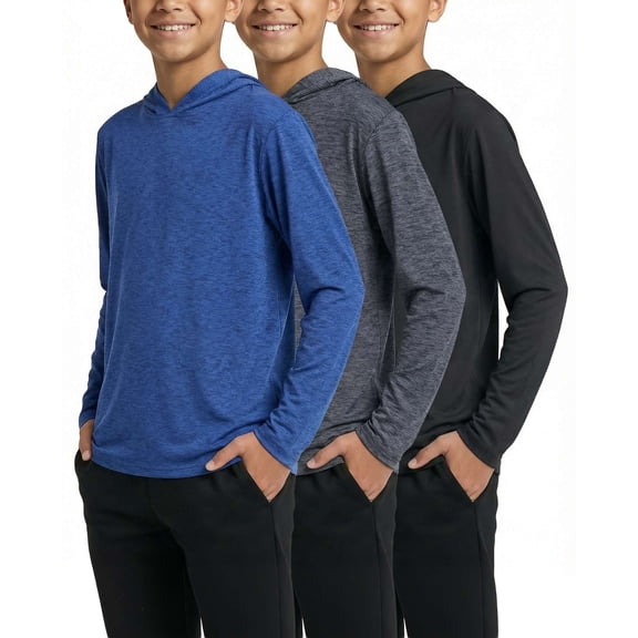3 Pack Boys' Dry Fit Hoodies Long Sleeve Athletic Sweatshirts Teen Kids