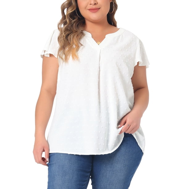 Blusas de talla grande para mujer GRACE & GRANDEUR con puntos suizos, cuello con muesca, mangas con volantes, tops básicos lindos 2X en blanco