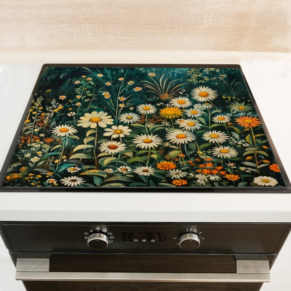 Silicone Stove Mat for Glass Top Stove, White Daisies And Yellow Marigolds In Wild Electric Stove Cover Mat, 28 x 20 Inch Heat - Resistant Gas Gtove Burner Covers Glass Stove Top Protector