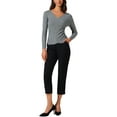 thumbnail image 2 of Women's V-Neck Knitted Sweaters Ruched Button Tops Slim Fit 2025 Long Sleeved T-Shirts L Gray, 2 of 6