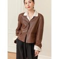 thumbnail image 2 of Abrigo de piel de oveja vintage recortado para mujer, tendencia primavera otoño 2024, chaqueta de cuero genuino elegante con cuello en V simple, 2 of 4