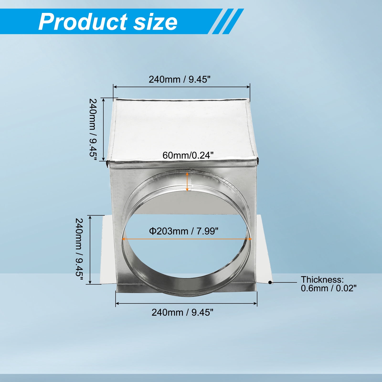 Uxcell HVAC 90 Degree Ceiling Register Box, 9" x 9" x 8" Galvanized Steel Ductwork Box Vent Connector for Air Conditioner Fan Outlet Diffuser HVAC, Fits 8" Round Duct, Silver Tone