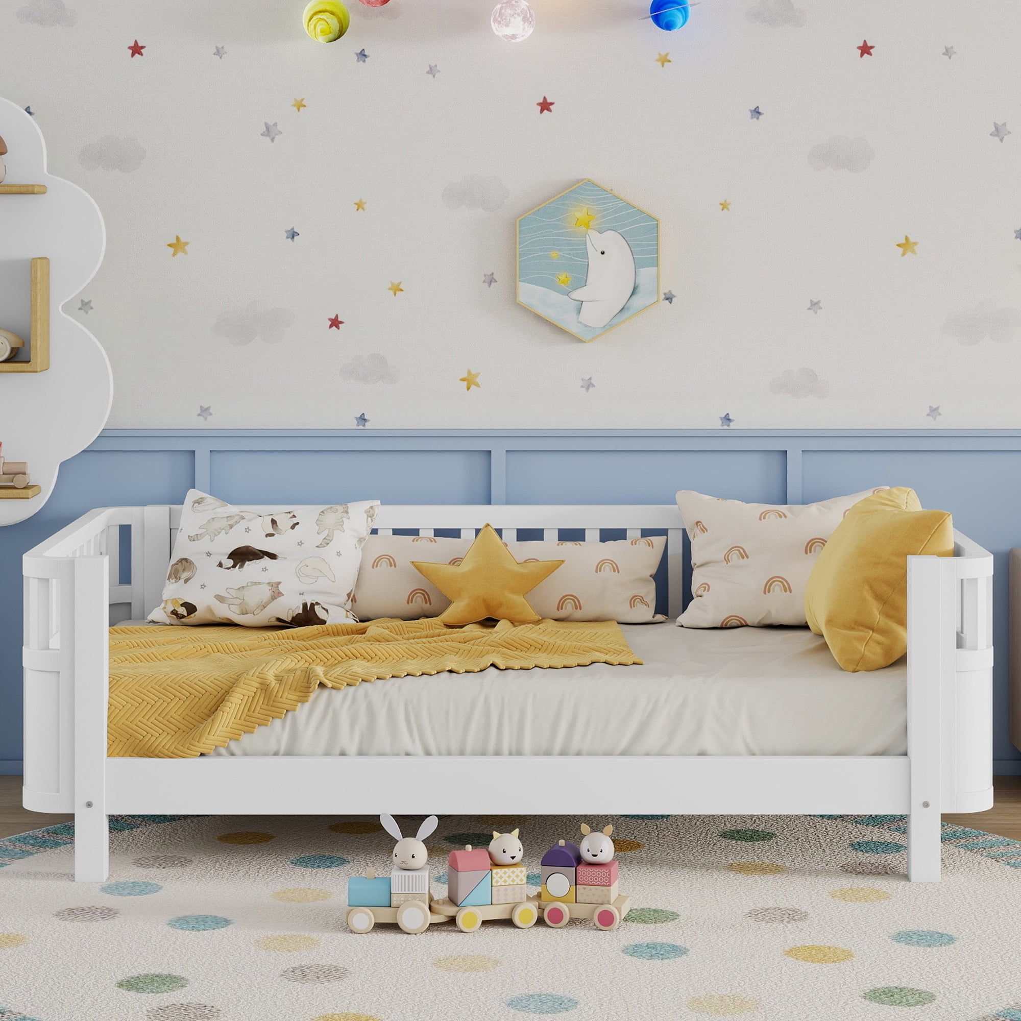 Mirightone Twin Size Montessori Bed with Guardrails and Removable Side Rails, Low to Ground Wood Bed Frame