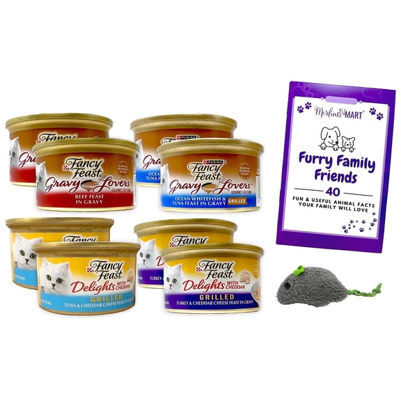 Purina Fancy Feast Adult Cat Food (2) Each: Whitefish Tuna Gravy Lovers, Beef Feast, Cheddar Delights Grilled Turkey, Grilled Tuna | MerlinsMart Zine Toy