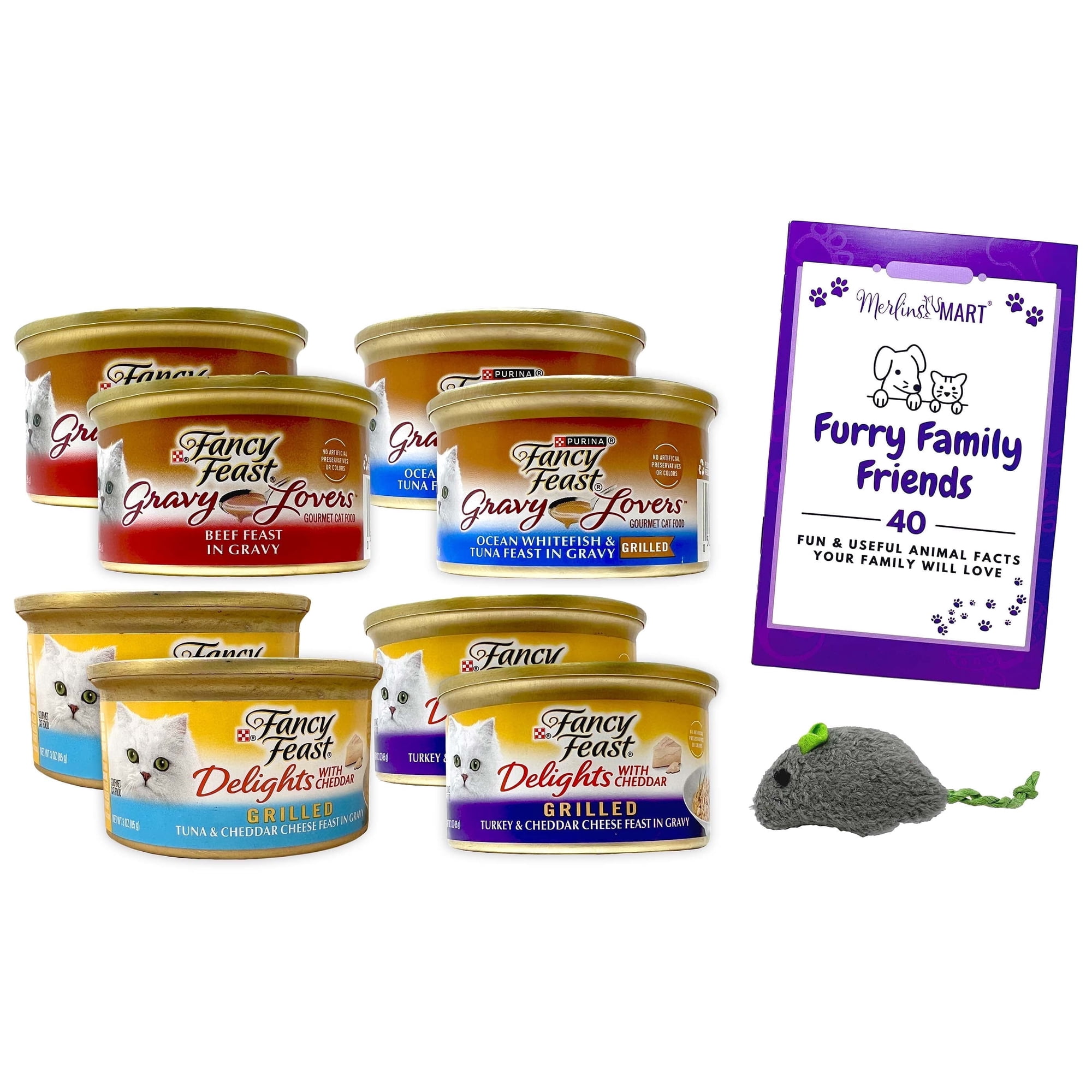 Purina Fancy Feast Adult Cat Food (2) Each: Whitefish Tuna Gravy Lovers, Beef Feast, Cheddar Delights Grilled Turkey, Grilled Tuna | MerlinsMart Zine + Toy