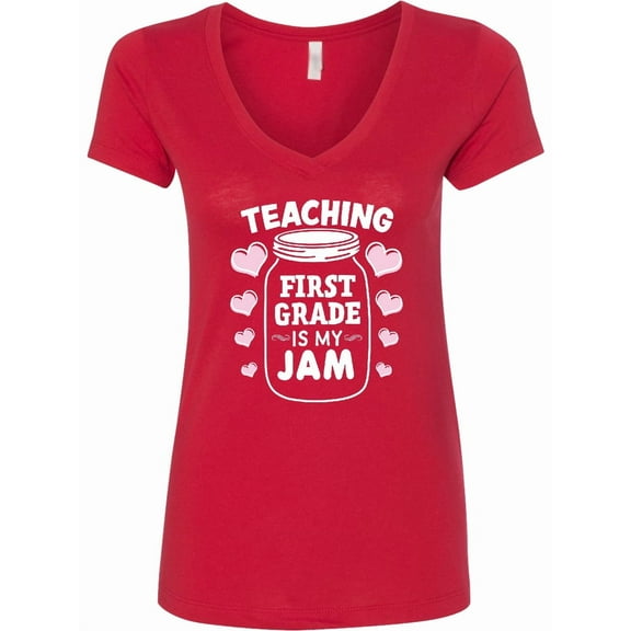 Inktastic Teaching 1st Grade is My Jam with Jar and Hearts Women's V-Neck T-Shirt