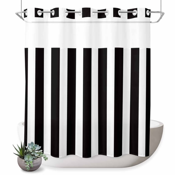 No Hook Shower Curtain, Black Striped Shower Curtains for Bathroom with See Through Top Window, Modern Farmhouse Black White Stripes Waterproof & Washable Bath Curtain Long 72"x78"