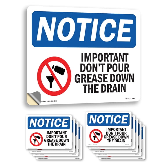 Important Don't Pour Grease With Symbol OSHA Notice Vinyl Decal Label 14 Inch x 10 Inch - 10 Pack