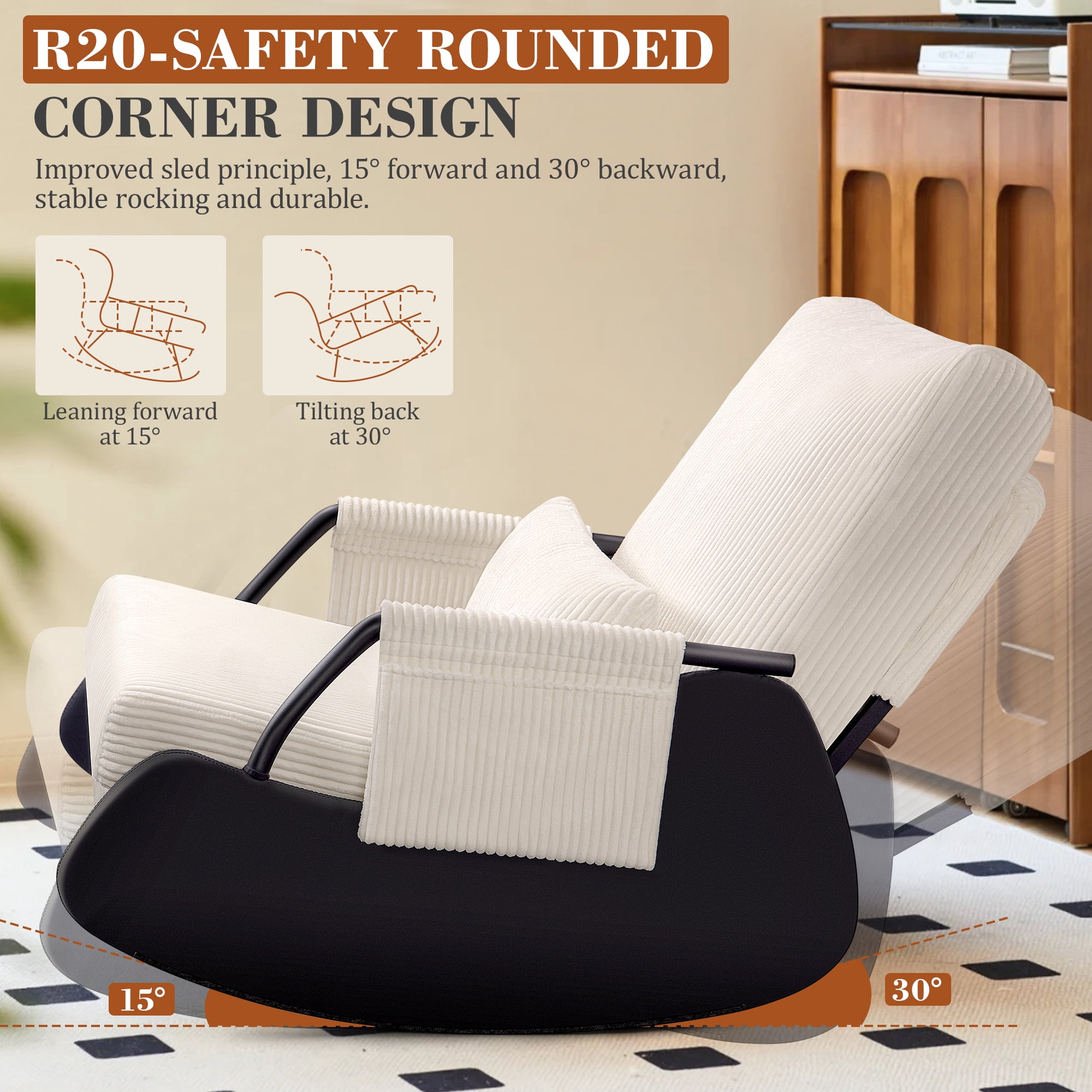 Primy Nursery Rocking Chair, Low-Seat Glider Chair, Upholstered Rocking Accent Chair Recliner with Side Pocket and Foot Rest for Mom Nursery Living Room Bedroom