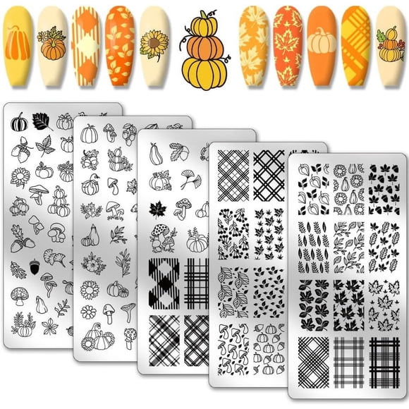 Placas para estampar uñas con diseño de otoño y Acción de Gracias - Plantilla de acero inoxidable con 126 diseños - 5 placas para decoración de uñas con calabaza y arce