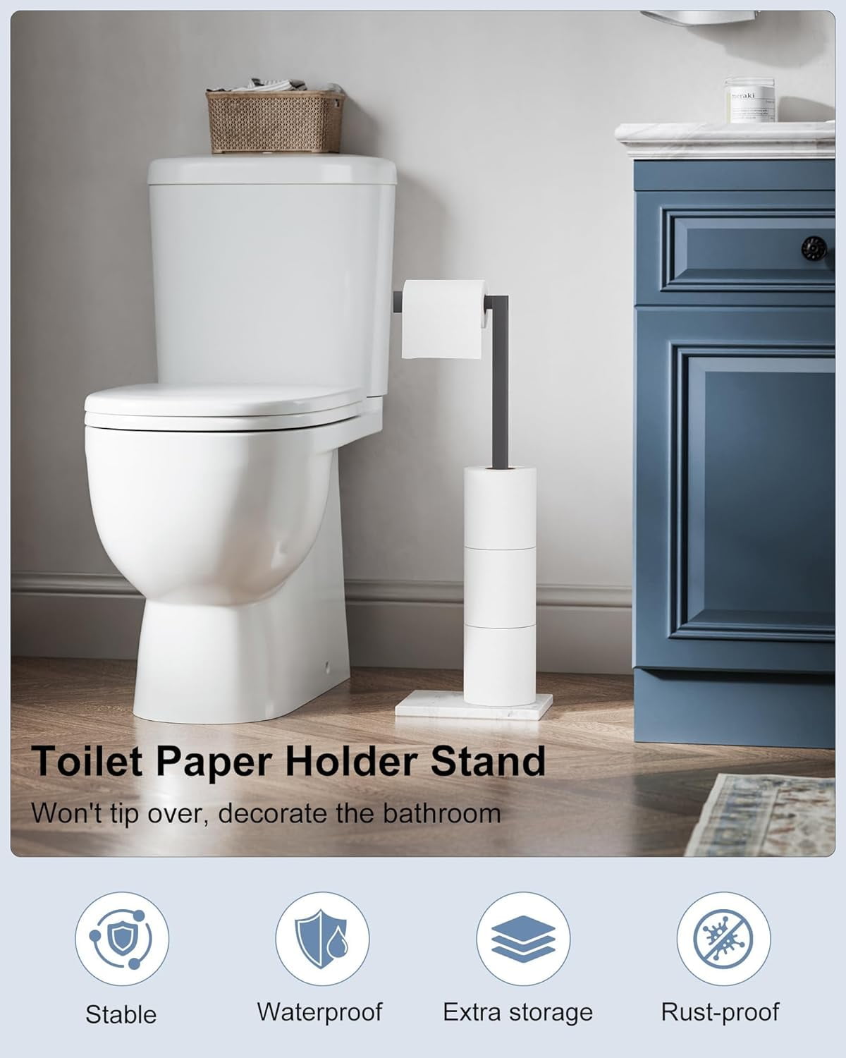 Free Standing Toilet Paper Holder Stand Matte Black SUS 304 Stainless Steel Rustproof 22 Inch Rotating Bathroom Tissue Roll Holder for 4 Rolls with Marble Base