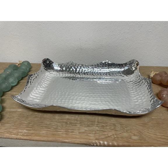 Rectangular Wavy Hammered Aluminum Tray Edged Bottom 14X10X2 inches Handmade
