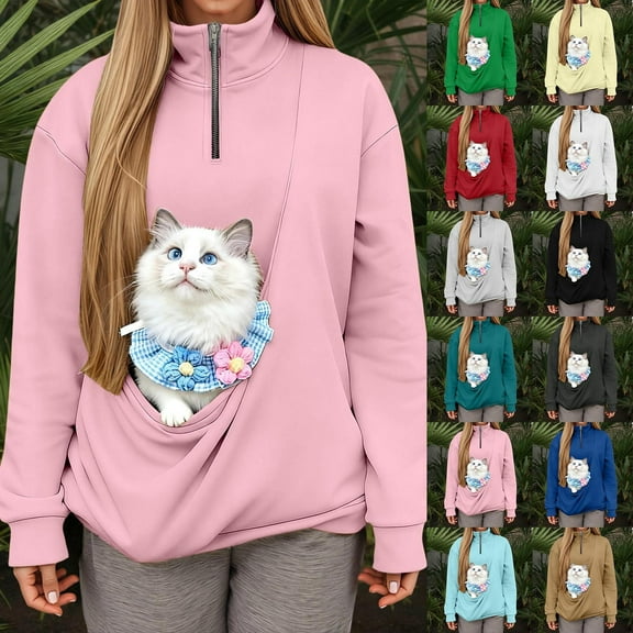Sweatshirt for Women Hoodless Quarter Zip Tops with Pocket Sling for Cats Comfortable Soft Pullover Fall Winter Loungewear Casual Womens Sweatshirts Pink L
