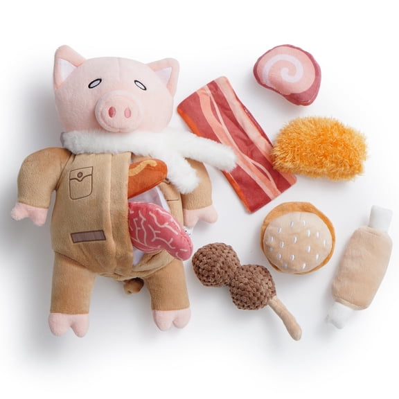 Nocciola 9-in-1 Pig Plush Dog Toys, Funny Piggy Puzzle Toy with 8 Pork Food Squeaky & Crinkle Toys, Dog Training Toys, Stimulating Enrichment Toys for Small Medium Dogs