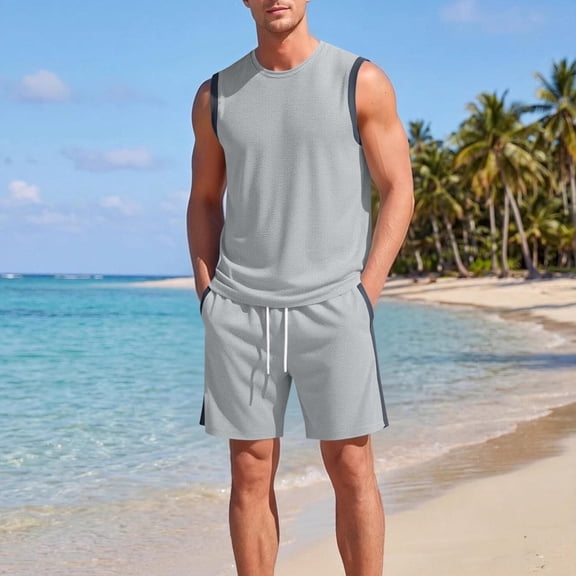 Avirosel Men's Casual Two-Piece Set Sleeveless Tank Top and Shorts Color-Block Loose Fit Breathable Mesh Sports Outfit Gray