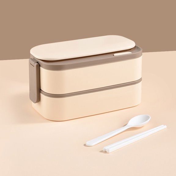 Stainless Steel Double-layer Lunch Box, Sealed, Portable, Microwaveable, Apricot Color, 8.66"x4.52"x4.52", Includes Chopsticks Spoon