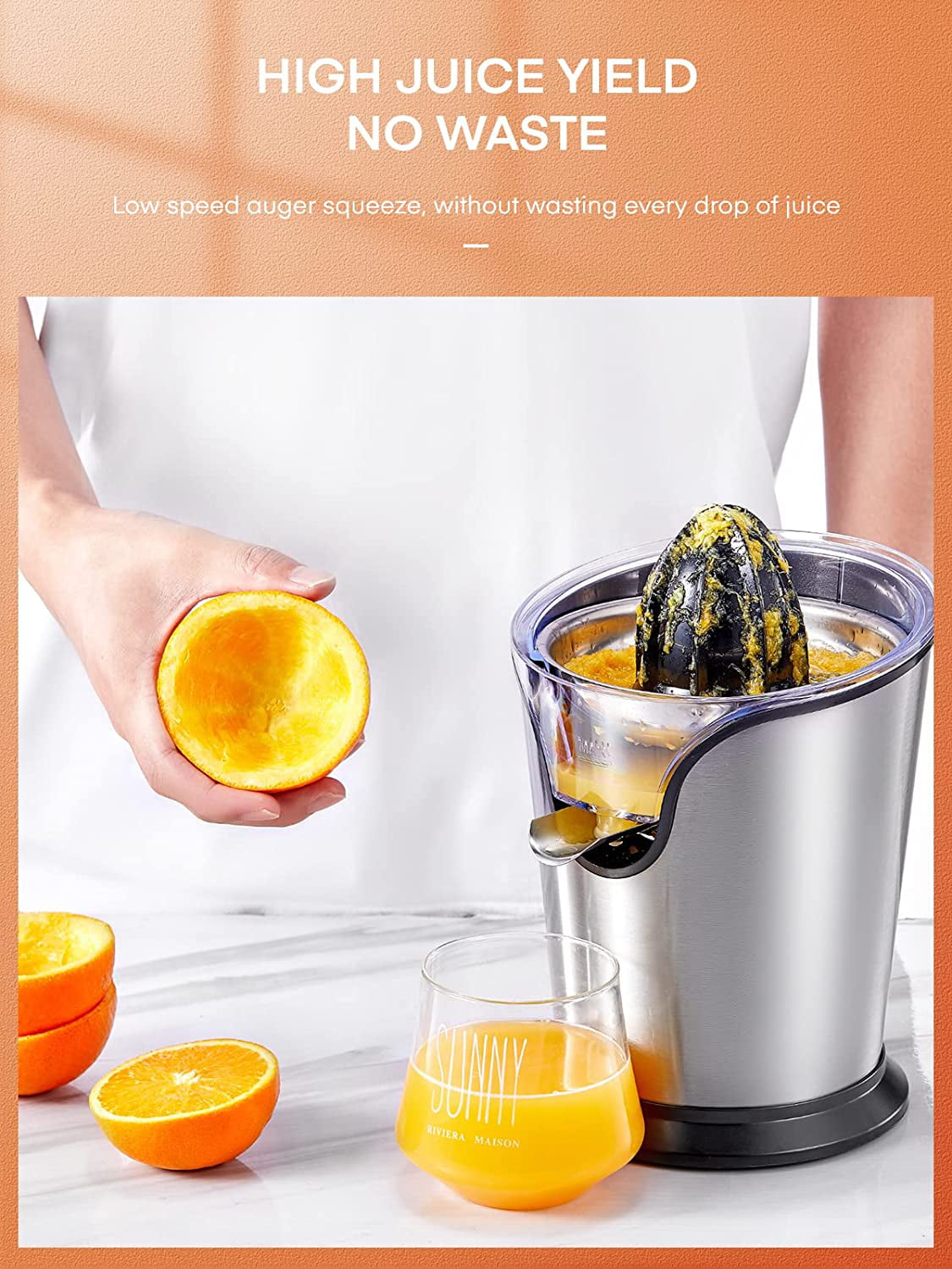 Movsou Electric Citrus Juicer for Orange Lemon Lime Grapefruit Juice, 150W  Squeezer with Soft Rubber Grip, Stainless Steel Filter and Anti-drip Spout  Lock - Silver 