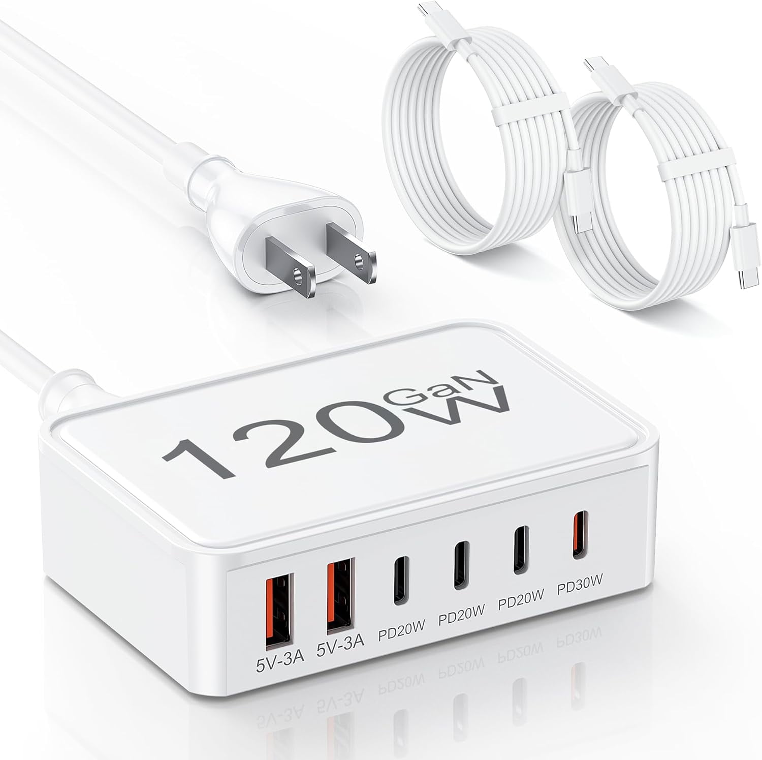 RGHJAR-USB C Charger Block,120W GaN 6 Port Type C Fast Charging Station Hub,5FT Cord USB C Wall Charger Adapter Plug for iPad, iPhone 17, 16, 15, 14, 13, 12 Pro Max, Pixel, Galaxy and More