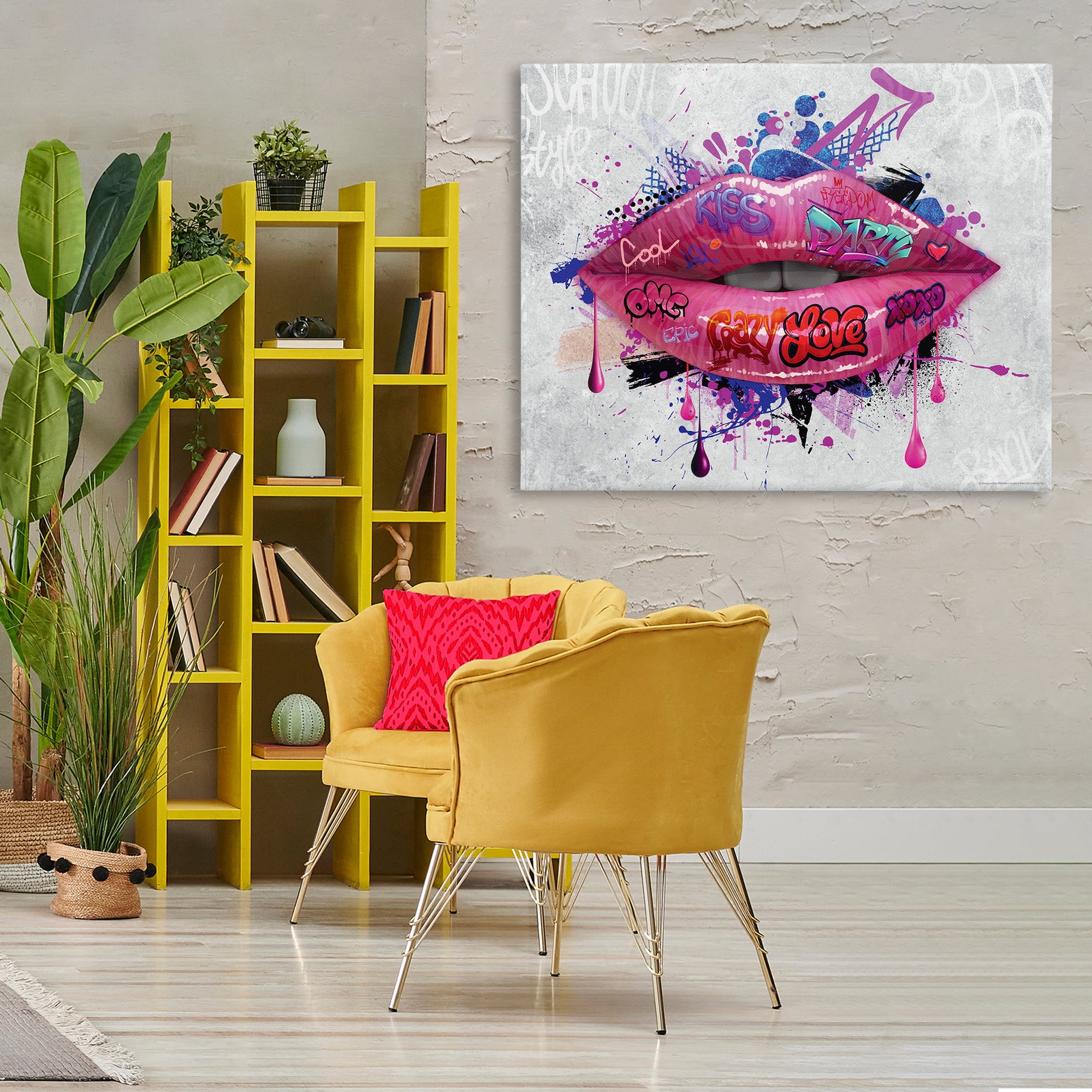 Stupell Industries Urban Graffiti Lips Abstract Painting Wrapped Canvas Art Print Wall Art, 48 x 36