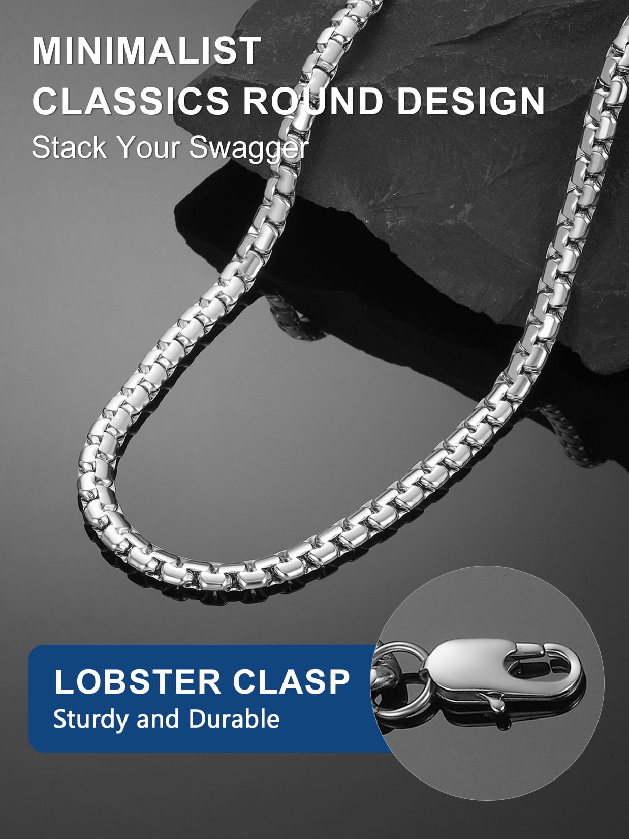 ChainsProMax Stainless Steel Flat Box Chain Male Necklace 20inch 8mm Hip Hop Jewelry Gift for Father