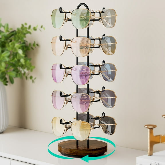 NiHome Rotating Eyeglass Display Rack for Sunglasses & Accessories, Space-Saving Organizer Holds 10 Pairs, Rustic Wooden Base & Industrial Iron Frame for Home & Office Decor, 360° Swivel Easy Access