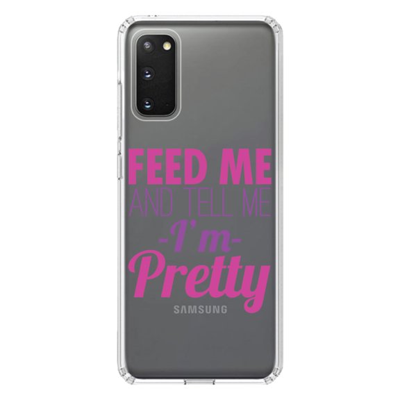 DistinctInk Clear Shockproof Hybrid Case for Galaxy S20 / S20 5G (6.2" Screen) - TPU Bumper Acrylic Back Tempered Glass Screen Protector - Feed Me and Tell Me I'm Pretty