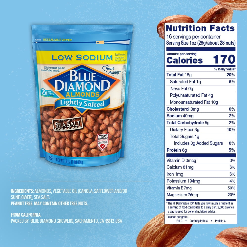 Blue Diamond Low Sodium Lightly Salted Almonds 16 oz - 5 Pack