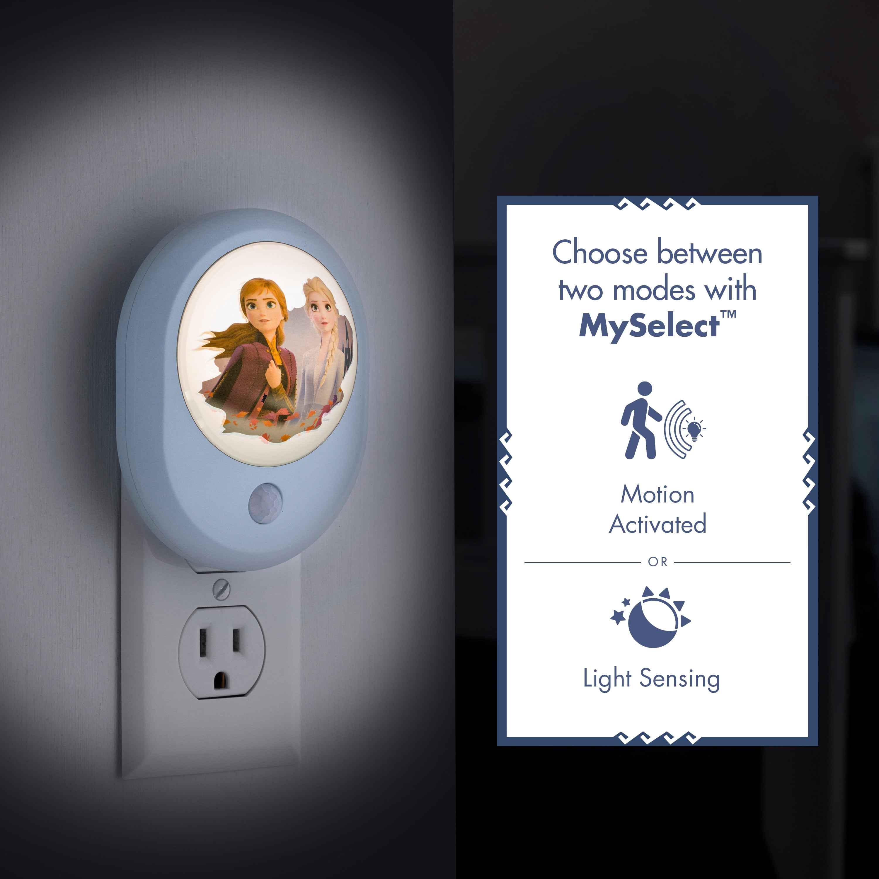 Disney Frozen 2 MySelect LED Night Light, Dusk to Dawn or Motion Sensor, Anna and Elsa, 44473
