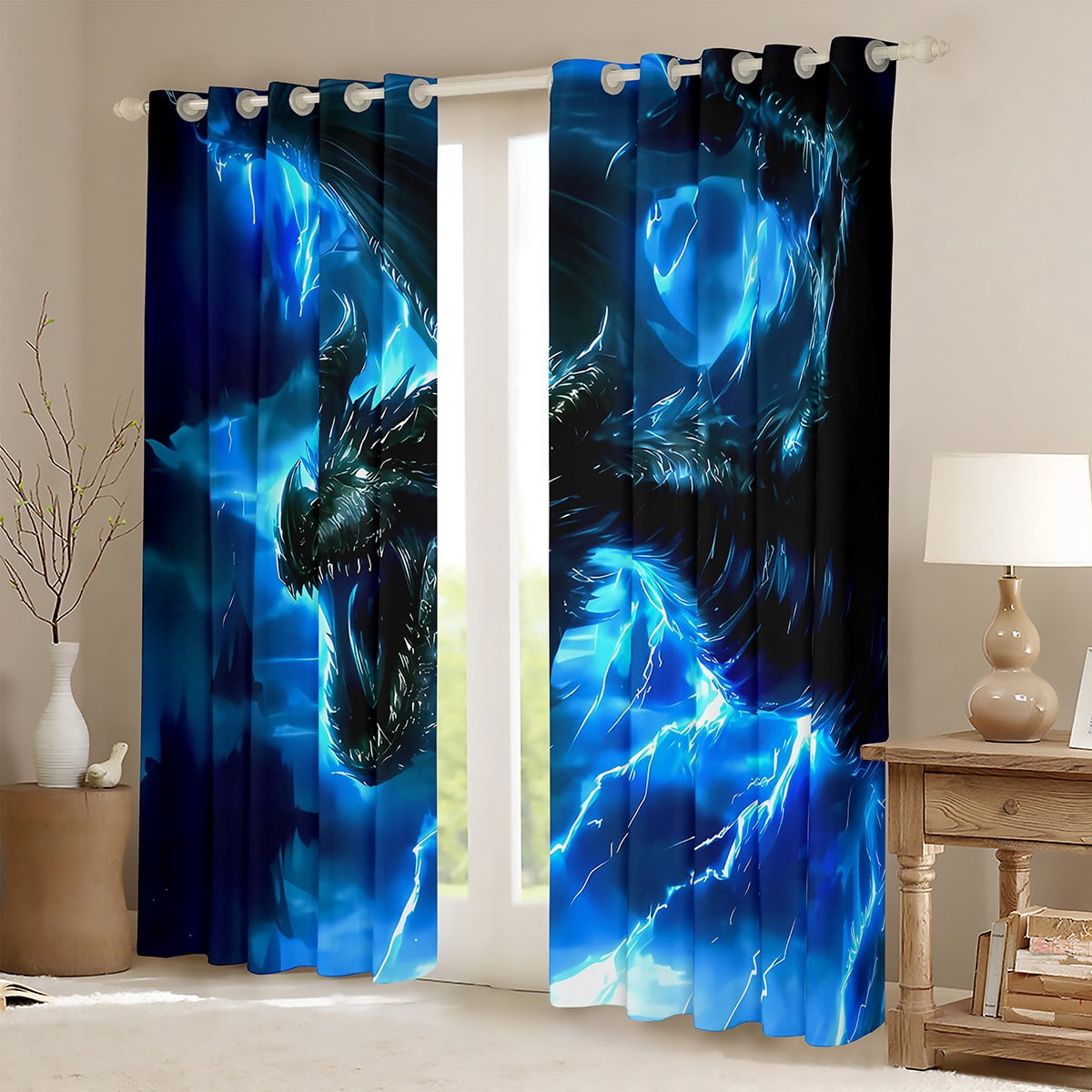 Manfei Magic Dragon Black Out Curtains, Magical Animal Wildlife Curtains Pack of 2 (42x63 Each), Blue Lightning Bedroom Curtains, Luxury Bedroom Decor