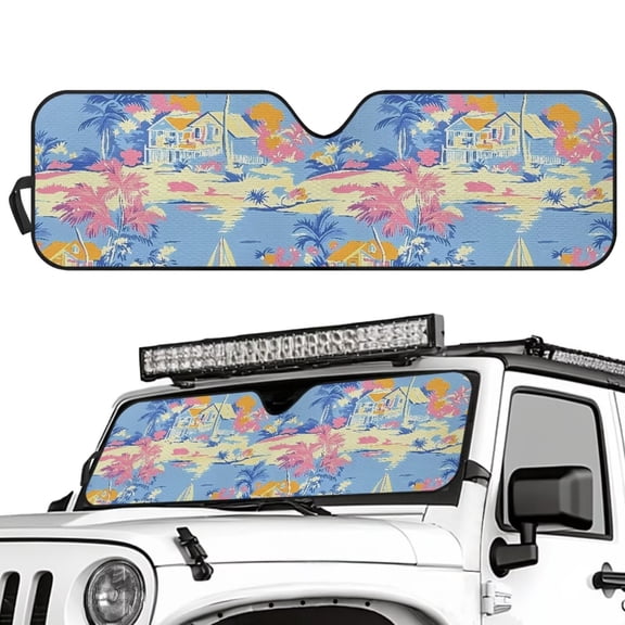 Uorisanigo Windshield Sun Shade for 2018-2024 2025 Jeep Wrangler JL / 2020-2024 Jeep Gladiator JT Foldable Hawaiian Palm Tree Front Window Sun Visor, Blocks UV Rays Heat, Keep Car Cooler