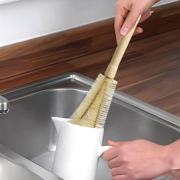 Cepillo para botellas de mango largo con cabezal en ángulo recto para tazas, ollas, cubos y botellas de agua – Mango de madera con cerdas de nailon suaves, herramienta de limpieza que no raya para l