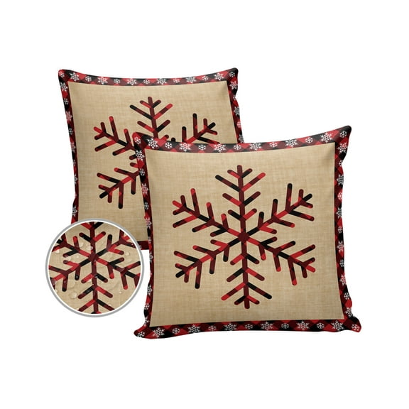 Pack of 2 Outdoor Pillow Covers, Christmas Snowflake Retro Red and Black Buffalo Plaid Waterproof Square Throw Pillowcase Cushion Decorative Pillow Covers for Couch Patio Tent, 18x18 in