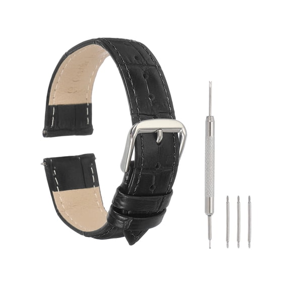 Uxcell Leather Watch Bands for Men and Women, 18mm Crocodile Pattern Quick Release Watch Strap Replacement, Flat Thin Elegant Leather Strap with Tools, Black