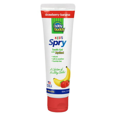 Baby Buddy Spry Tooth Gel 2oz Strawberry-Banana Flavor Xylitol Toothpaste for Babies, Infant, Kids 3 Months & Older, Dentist Recommended, Fluoride Free, Natural Ingredients, Safe If (Best Toothpaste Dentist Recommended)